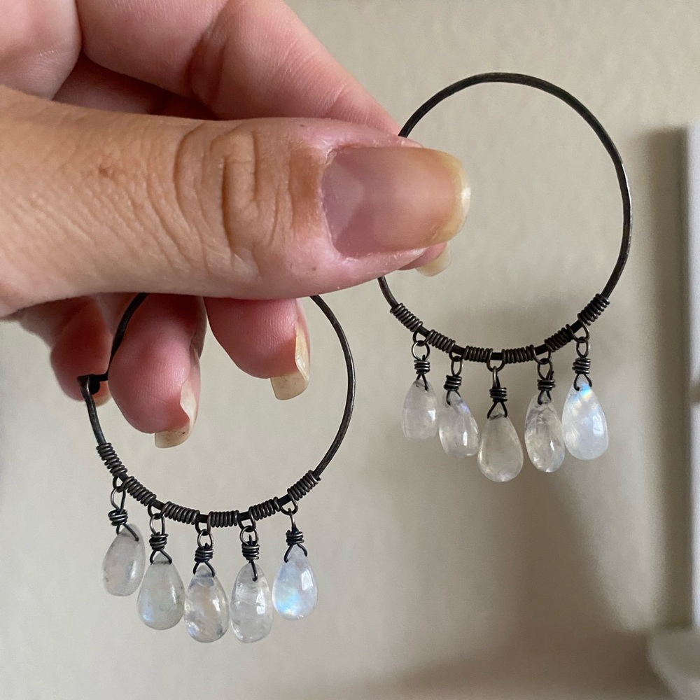 ARTISAN handmade moonstone hoop hippie 70s earrings